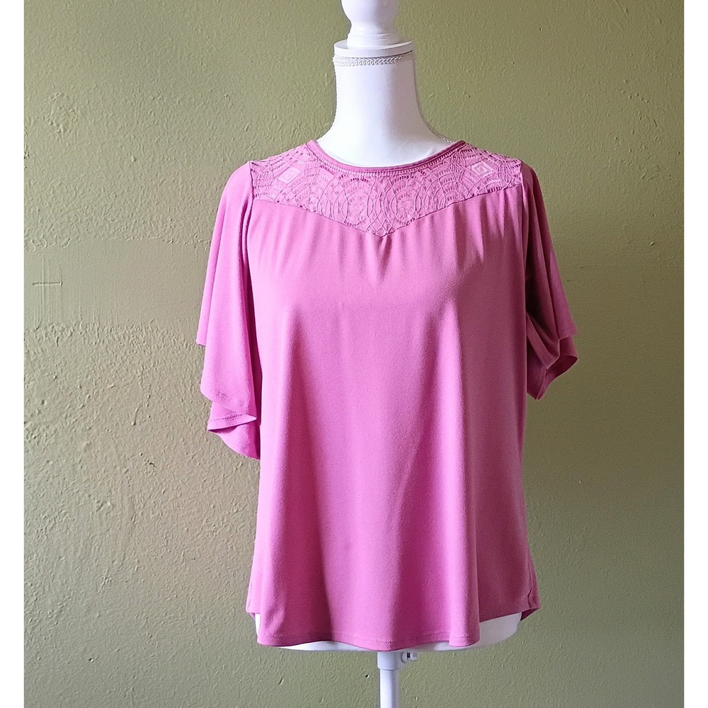 Old Money Soft Life Pink Crochet Lace Yoke Blouse Flutter Sleeve Petite Large PL